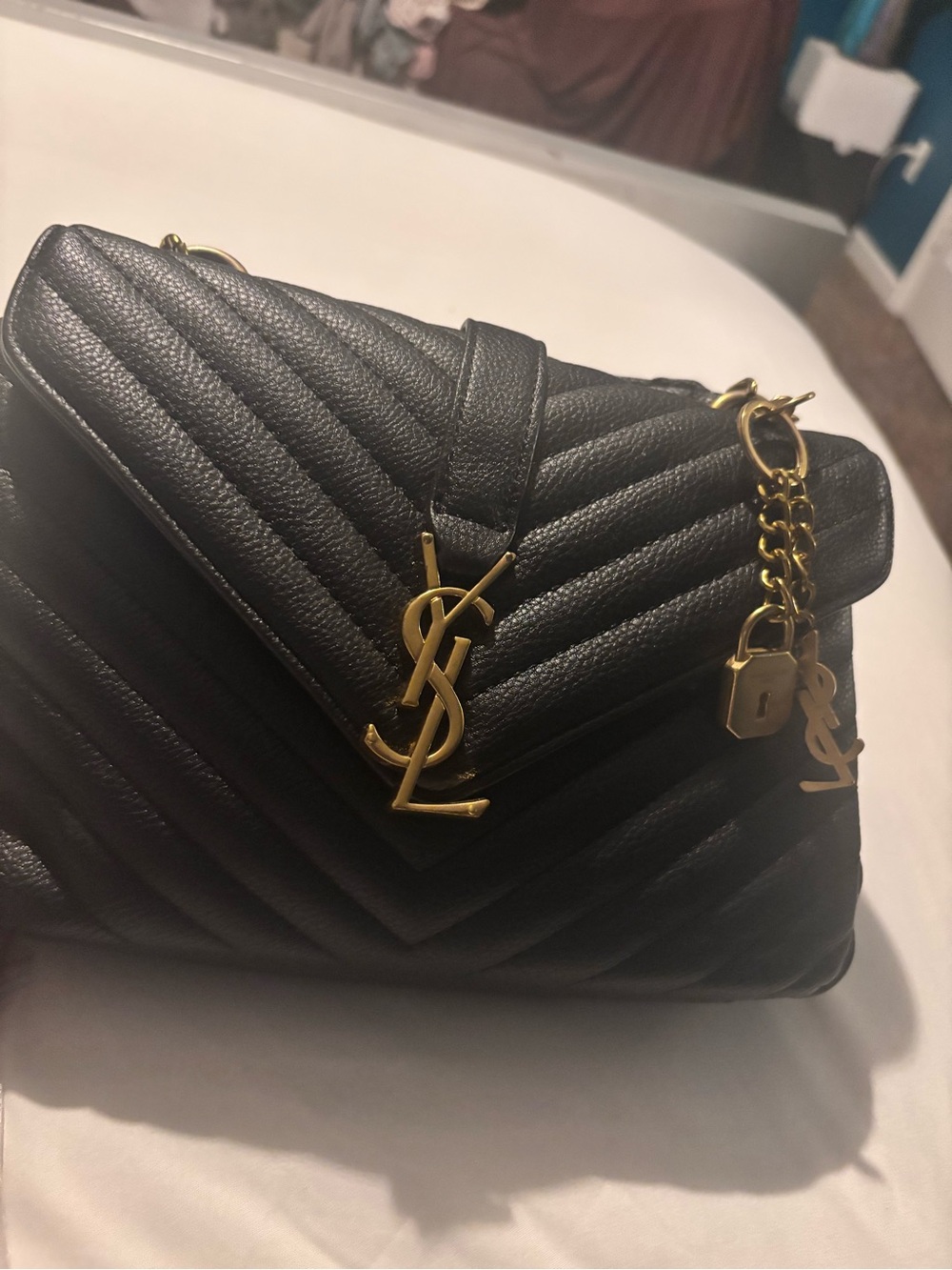 Black Quilted Leather Satchel with Gold  Hardware - Picture 4 of 10